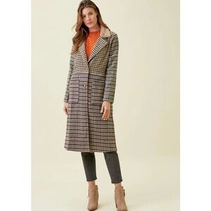 Mystree Mixed Plaid Long Coat with Faux Fur Collar